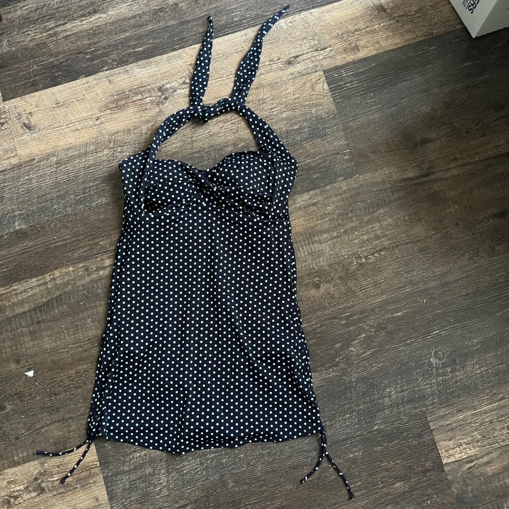 Swimsuits For All Navy and White Polka Dot Halter Swimdress